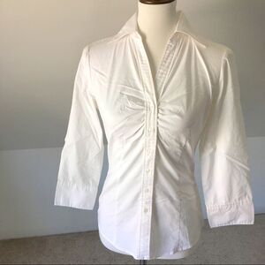 Crisp White V Neck 3/4 Sleeve Cuffed Button Down